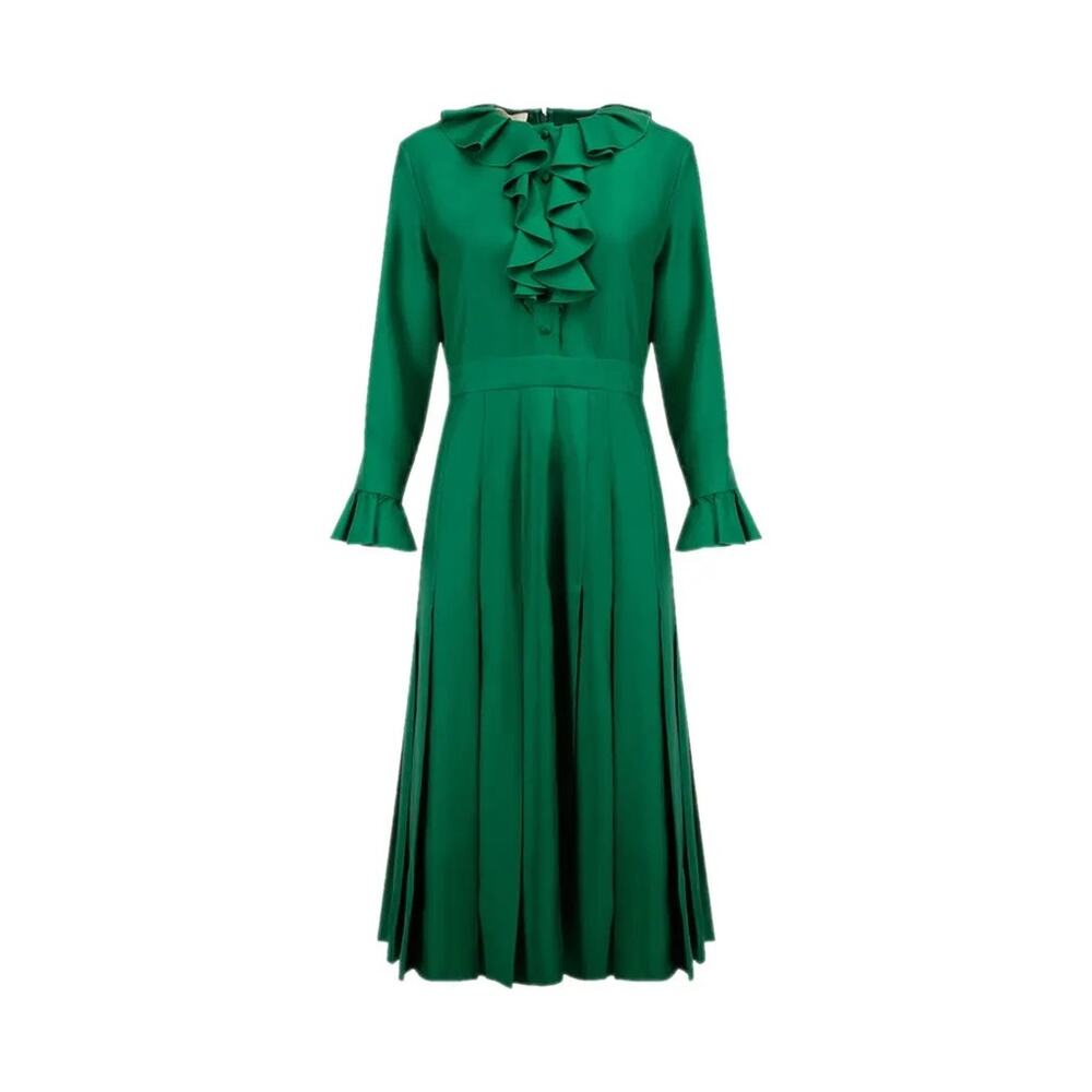 Gucci Green Heavy Silk Twill Pleated Ruffle Trim Midi Dress sz 48